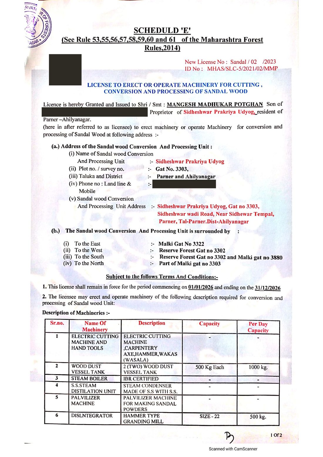 Sandalwood Processing Licence, page 1